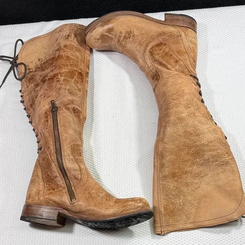 Bed Stu Benchmade Tan Knee-High Lace—Up Back Leather Boots size 8